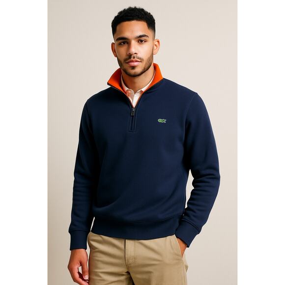 Lacoste Men’s 1/4 Zip Pullover – Navy Blue & Orange Size 6 (XL) Preppy Golfwear - Picture 1 of 12